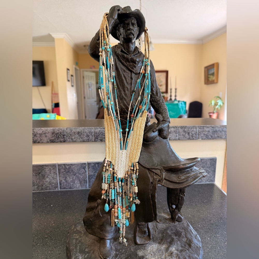 Vintage Chico’s Statement Bib Necklace Beaded Tassel Boho Western